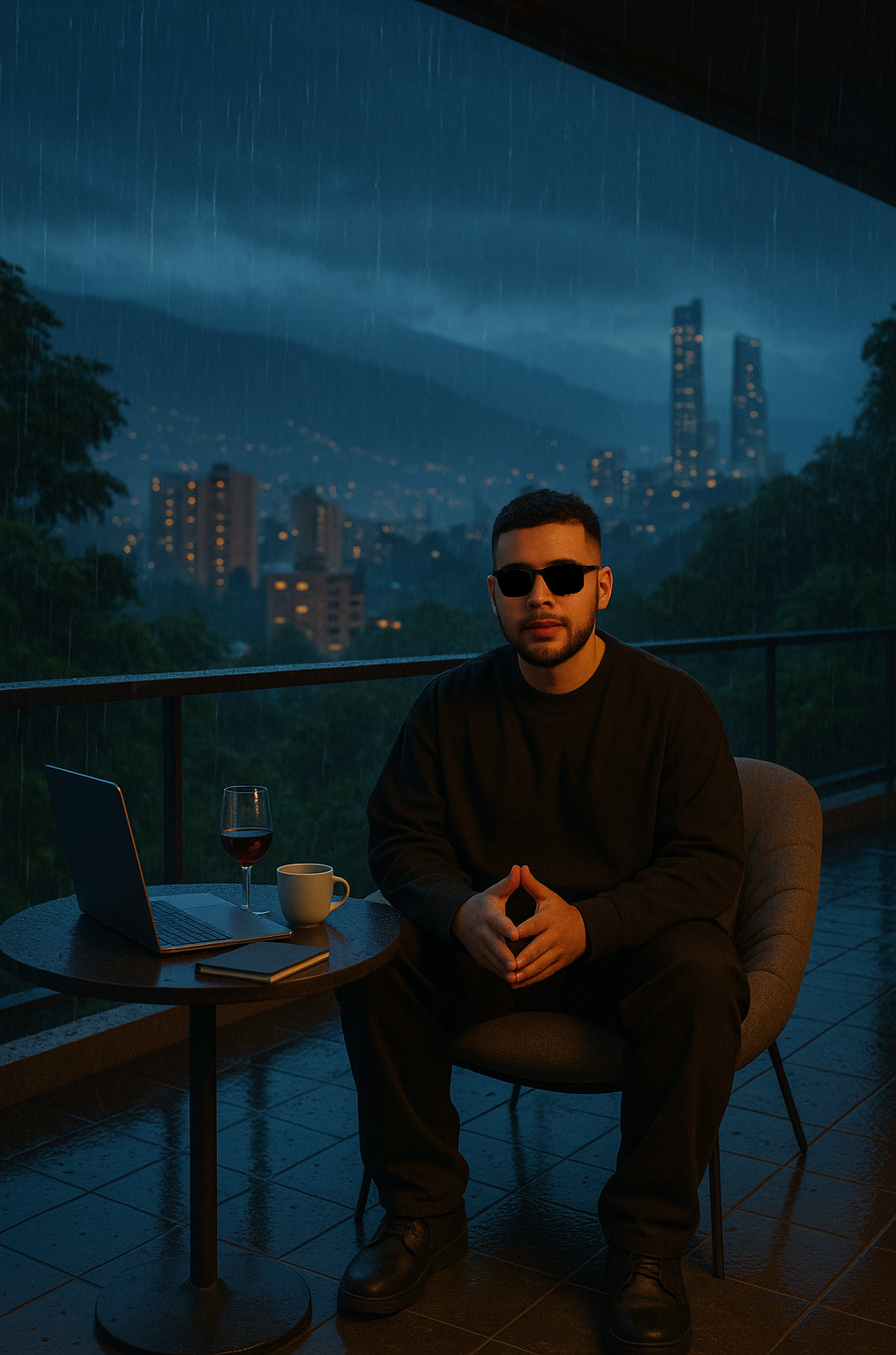 Addro trabajando con vista a la ciudad en una noche lluviosa